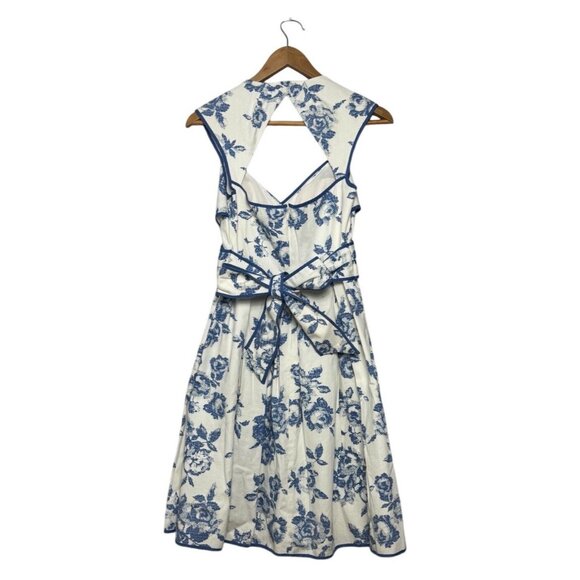 Jessica Simpson Retro Blue‎ White Floral Tie Back Dress Size 4 - Picture 2 of 7